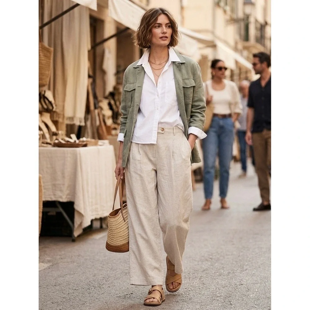 Banana Republic Linen Blend Wide Leg Pleated Pants Beige Oatmeal Mens Size 20